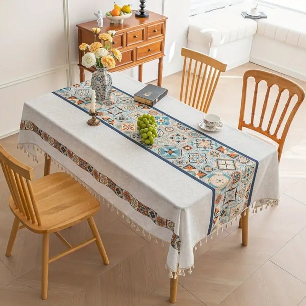 NEW Elegant Boho Tablecloth w/ Tassels 59"x86", 6-8 Seats